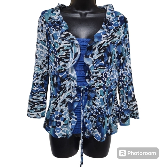Laura Scott Petite Abstract Floral ¾ Length Sleeve Ruffle Flowy Top Size MP - Picture 1 of 7